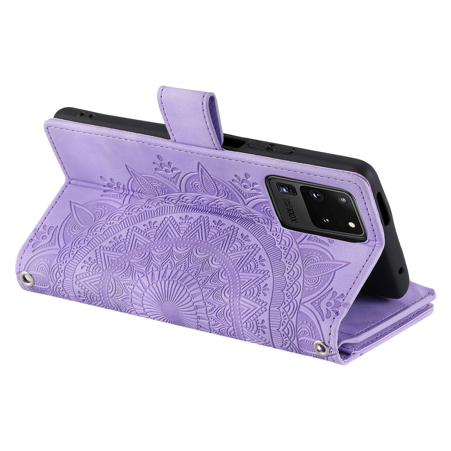 For Samsung Galaxy S20 Ultra Mandala Flower Imprinted Zipper Pocket Phone Case PU Leather Stand Cover Multiple Card Slots Wallet - Purple