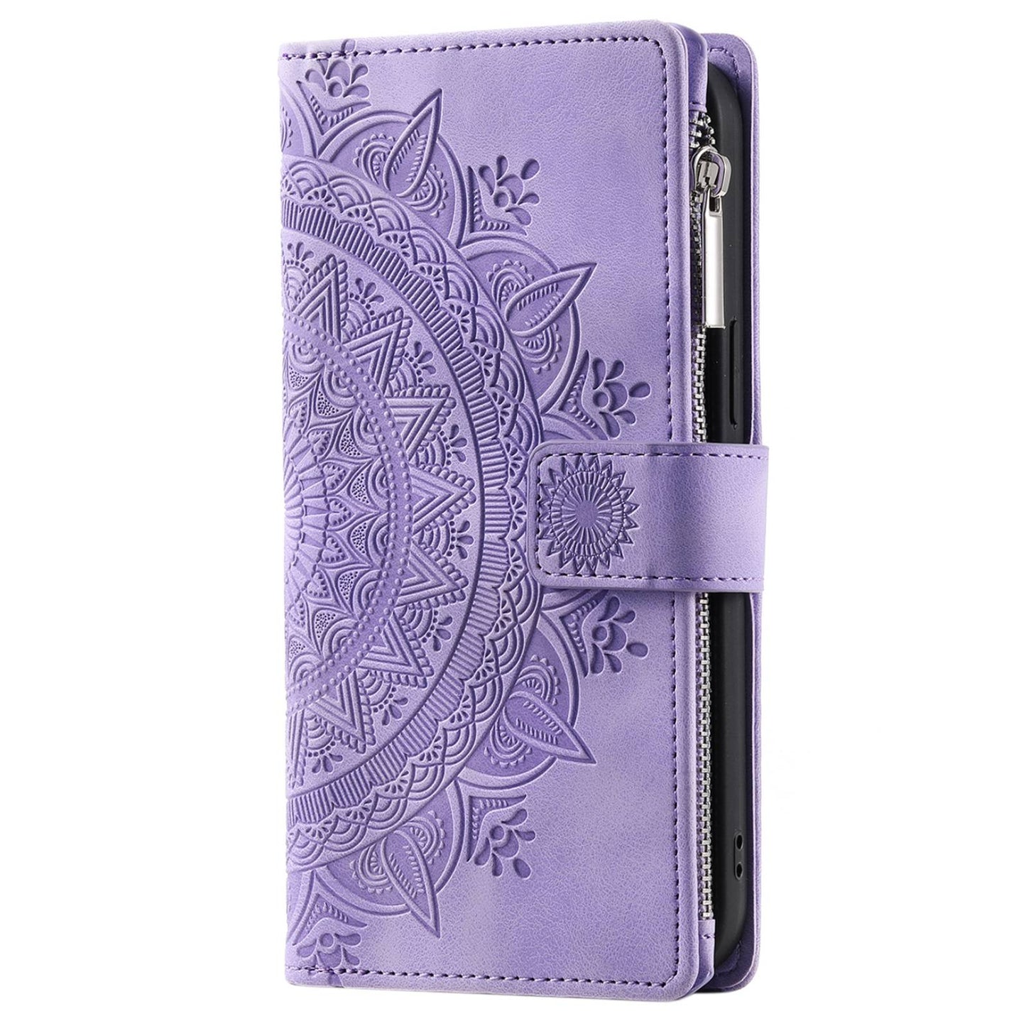 For Samsung Galaxy S20 Ultra Mandala Flower Imprinted Zipper Pocket Phone Case PU Leather Stand Cover Multiple Card Slots Wallet - Purple