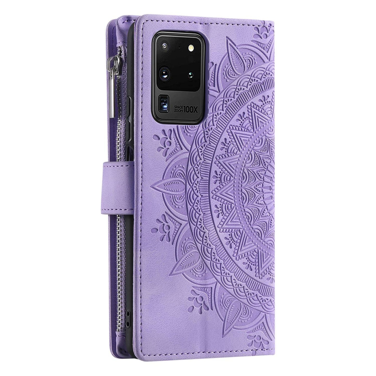 For Samsung Galaxy S20 Ultra Mandala Flower Imprinted Zipper Pocket Phone Case PU Leather Stand Cover Multiple Card Slots Wallet - Purple