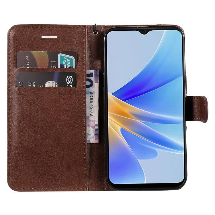 KT Leather Series-2 for Oppo A17 4G / A17k 4G Solid Color PU Leather Case Magnetic Clasp Phone Stand Wallet Cover with Strap - Brown