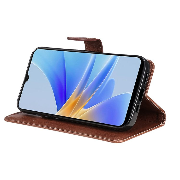 KT Leather Series-2 for Oppo A17 4G / A17k 4G Solid Color PU Leather Case Magnetic Clasp Phone Stand Wallet Cover with Strap - Brown