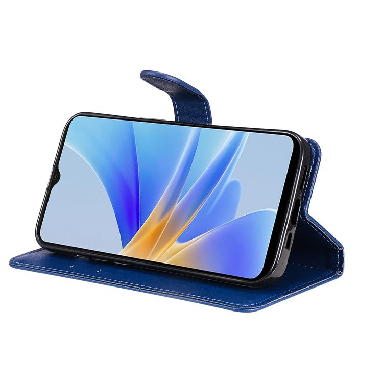 KT Leather Series-2 for Oppo A17 4G / A17k 4G Solid Color PU Leather Case Magnetic Clasp Phone Stand Wallet Cover with Strap - Blue