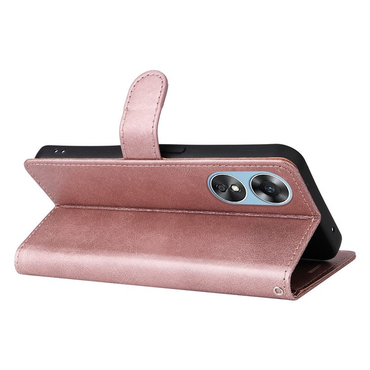KT Leather Series-2 for Oppo A17 4G / A17k 4G Solid Color PU Leather Case Magnetic Clasp Phone Stand Wallet Cover with Strap - Rose Gold