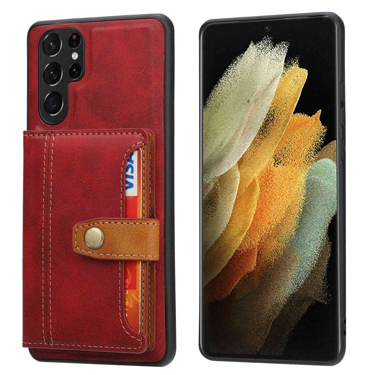For Samsung Galaxy S23 Ultra Shockproof Calf Texture Phone Case Card Slots Kickstand PU Leather Coated TPU Protective Back Cover - Red