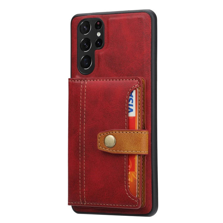 For Samsung Galaxy S23 Ultra Shockproof Calf Texture Phone Case Card Slots Kickstand PU Leather Coated TPU Protective Back Cover - Red