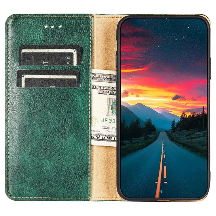 PU Leather Magnetic Auto-absorbed Case for Oppo A17 4G Wallet Stand Protective Phone Cover - Green