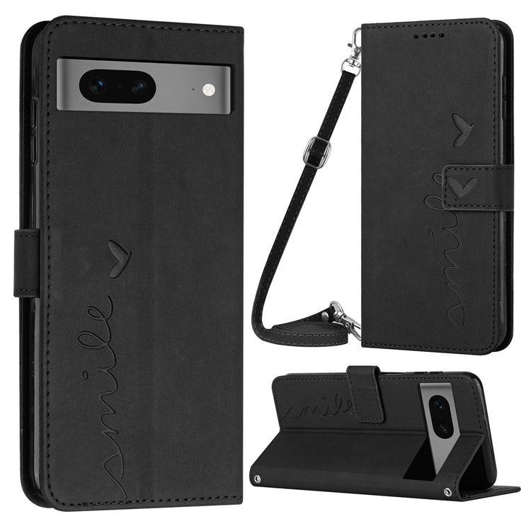 Skin-touch Feeling Case for Google Pixel 7 5G, Bump Proof Heart Shape Imprinted Wallet Stand PU Leather Phone Cover with Shoulder Strap - Black