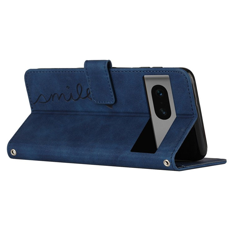 Skin-touch Feeling Case for Google Pixel 7 5G, Bump Proof Heart Shape Imprinted Wallet Stand PU Leather Phone Cover with Shoulder Strap - Sapphire