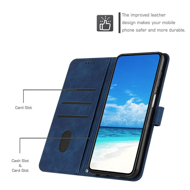 Skin-touch Feeling Case for Google Pixel 7 5G, Bump Proof Heart Shape Imprinted Wallet Stand PU Leather Phone Cover with Shoulder Strap - Sapphire