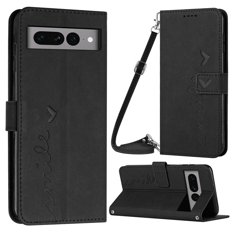 Skin-touch Feeling Case for Google Pixel 7 Pro 5G, Drop Resistant Heart Shape Imprinted Wallet Stand PU Leather Phone Cover with Shoulder Strap - Black