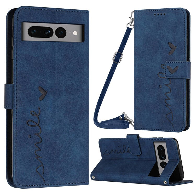 Skin-touch Feeling Case for Google Pixel 7 Pro 5G, Drop Resistant Heart Shape Imprinted Wallet Stand PU Leather Phone Cover with Shoulder Strap - Sapphire