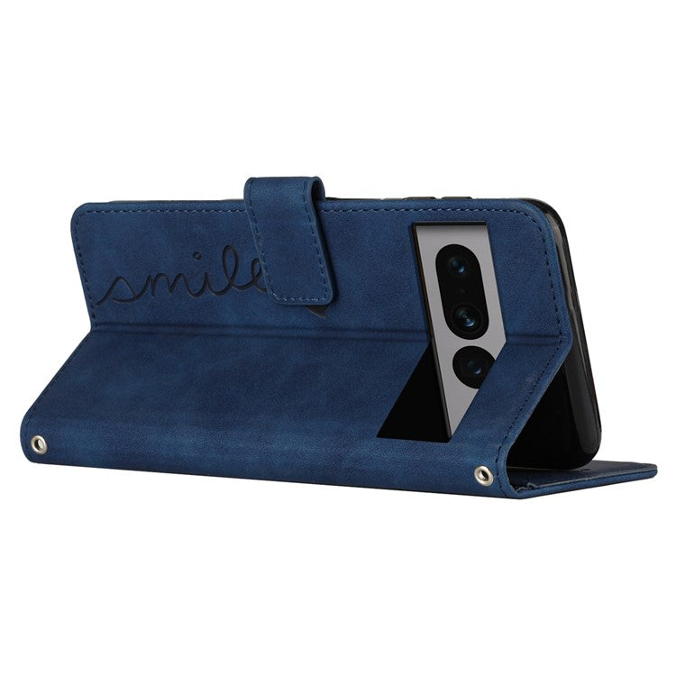Skin-touch Feeling Case for Google Pixel 7 Pro 5G, Drop Resistant Heart Shape Imprinted Wallet Stand PU Leather Phone Cover with Shoulder Strap - Sapphire