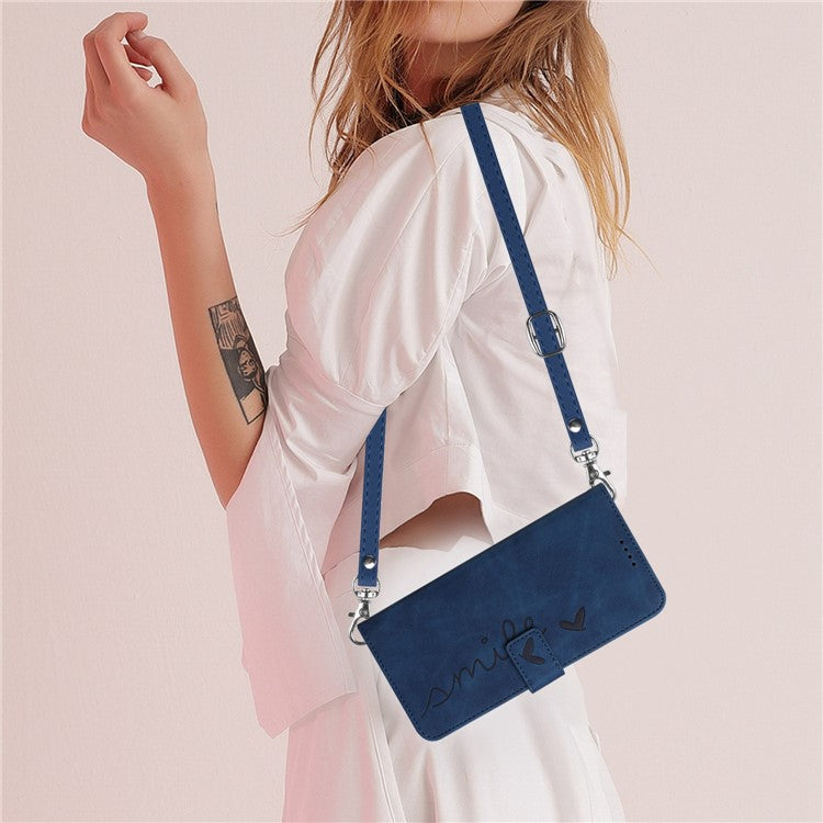 Skin-touch Feeling Case for Google Pixel 7 Pro 5G, Drop Resistant Heart Shape Imprinted Wallet Stand PU Leather Phone Cover with Shoulder Strap - Sapphire