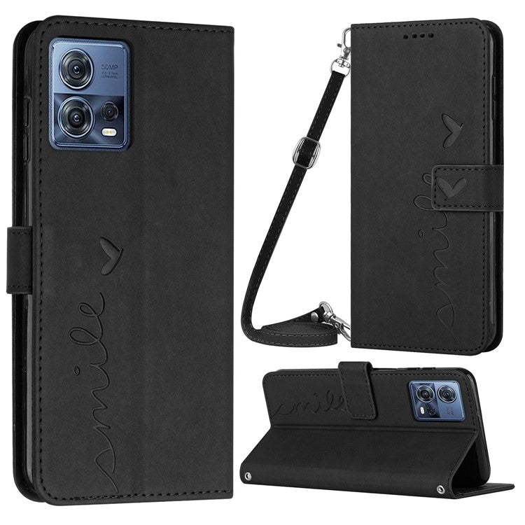 Skin-touch Feeling Case for Motorola Moto S30 Pro 5G / Edge 30 Fusion 5G, Magnetic Clasp Heart Shape Imprinted Wallet Stand PU Leather Phone Cover with Shoulder Strap - Black