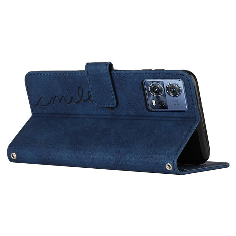 Skin-touch Feeling Case for Motorola Moto S30 Pro 5G / Edge 30 Fusion 5G, Magnetic Clasp Heart Shape Imprinted Wallet Stand PU Leather Phone Cover with Shoulder Strap - Sapphire