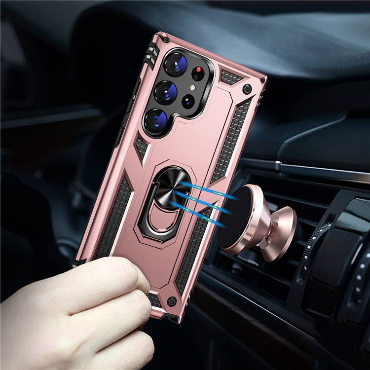For Samsung Galaxy S23 Ultra Military Grade Case Ring Kickstand Design PC + TPU Hybrid Shell Back Cover - Rose Gold
