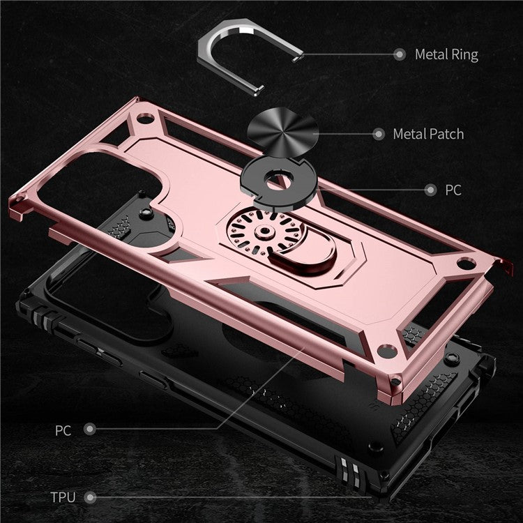 For Samsung Galaxy S23 Ultra Military Grade Case Ring Kickstand Design PC + TPU Hybrid Shell Back Cover - Rose Gold