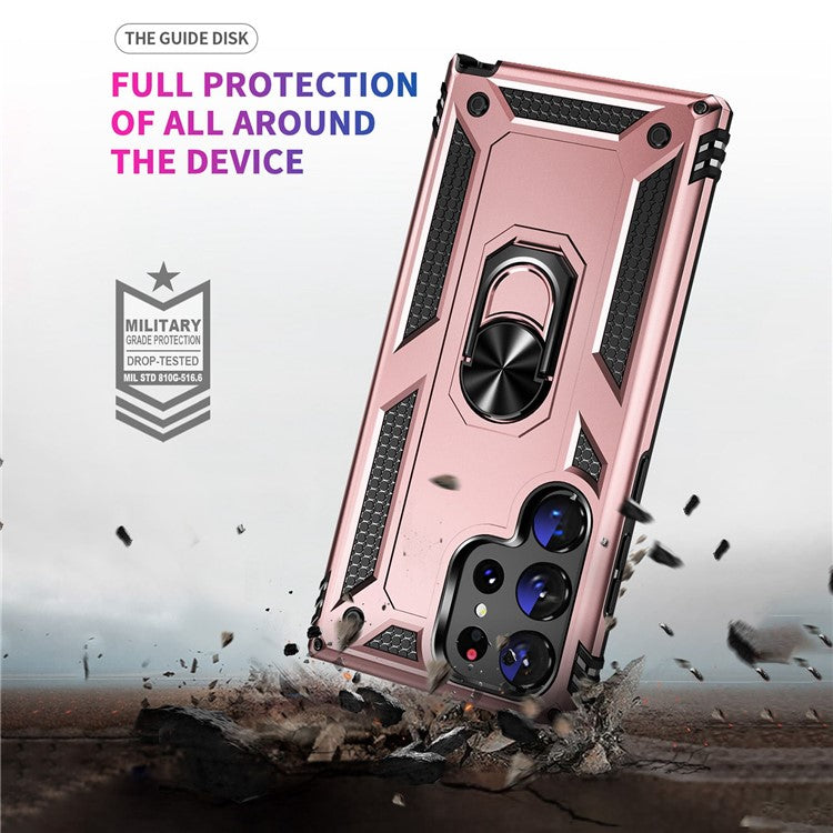 For Samsung Galaxy S23 Ultra Military Grade Case Ring Kickstand Design PC + TPU Hybrid Shell Back Cover - Rose Gold