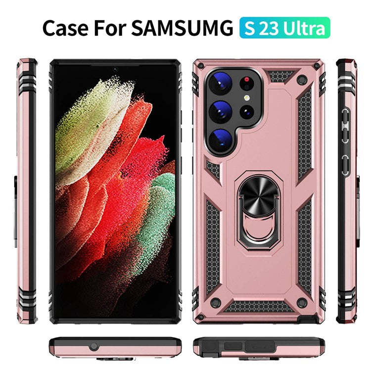 For Samsung Galaxy S23 Ultra Military Grade Case Ring Kickstand Design PC + TPU Hybrid Shell Back Cover - Rose Gold