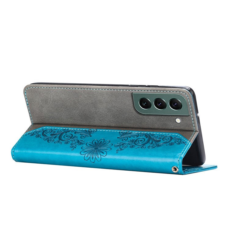 PU Leather Phone Case for Samsung Galaxy S23+, Fully Wrapped Butterfly Flower Imprinted Wallet Cover with Stand - Blue