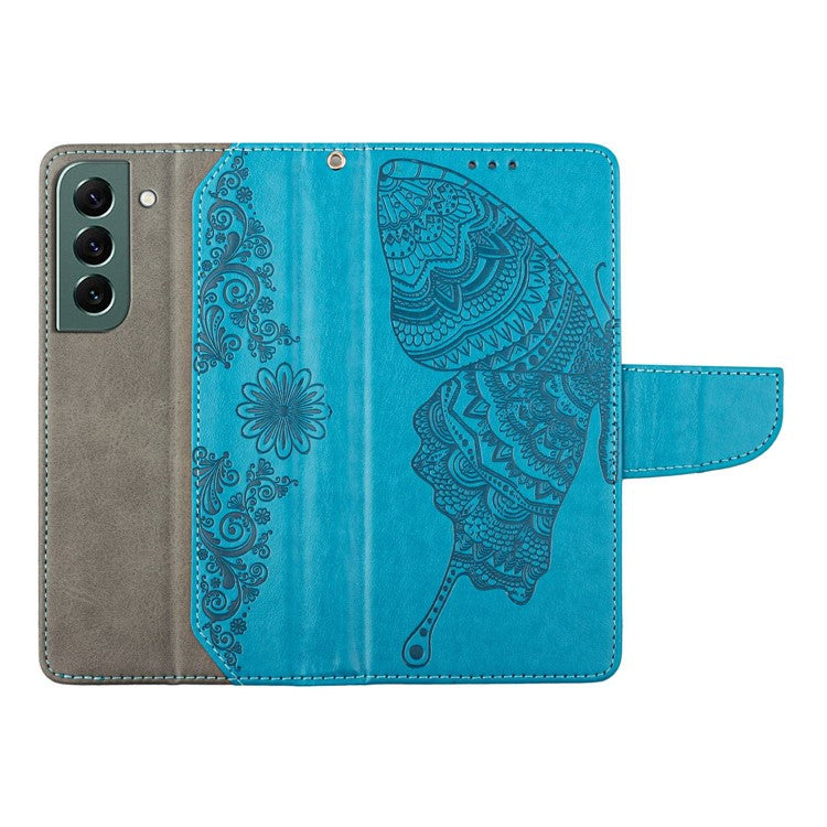 PU Leather Phone Case for Samsung Galaxy S23+, Fully Wrapped Butterfly Flower Imprinted Wallet Cover with Stand - Blue
