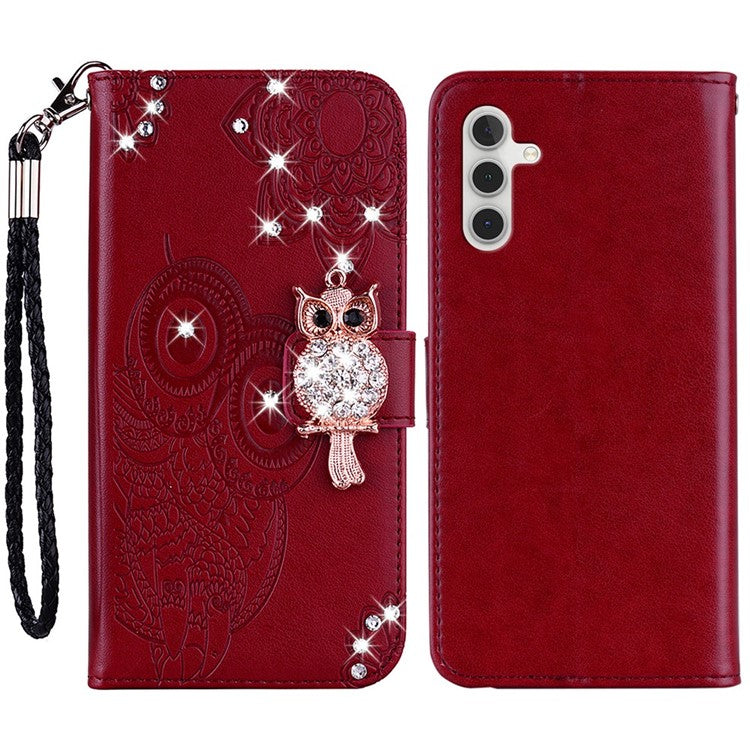 For Samsung Galaxy A14 5G / A14 4G Rhinestone Decor Scratch Resistant Phone Cover, Imprinting Owl Flower Pattern Stand Wallet Leather Case - Red