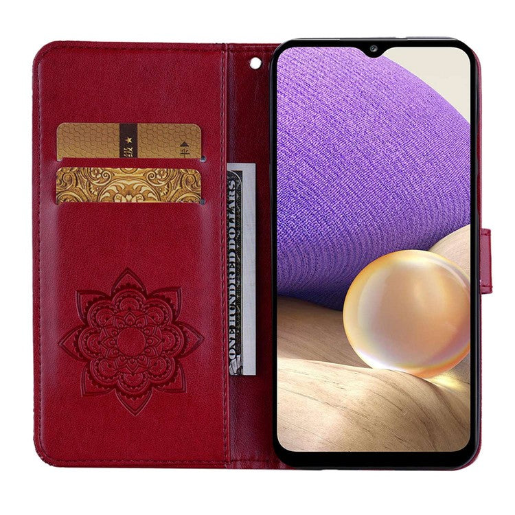 For Samsung Galaxy A14 5G / A14 4G Rhinestone Decor Scratch Resistant Phone Cover, Imprinting Owl Flower Pattern Stand Wallet Leather Case - Red