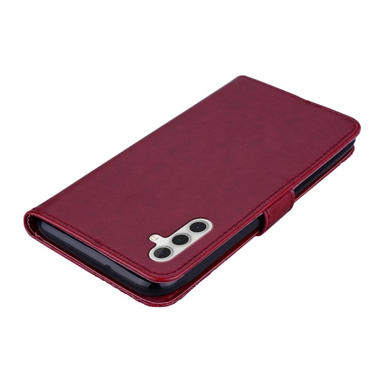 For Samsung Galaxy A14 5G / A14 4G Rhinestone Decor Scratch Resistant Phone Cover, Imprinting Owl Flower Pattern Stand Wallet Leather Case - Red