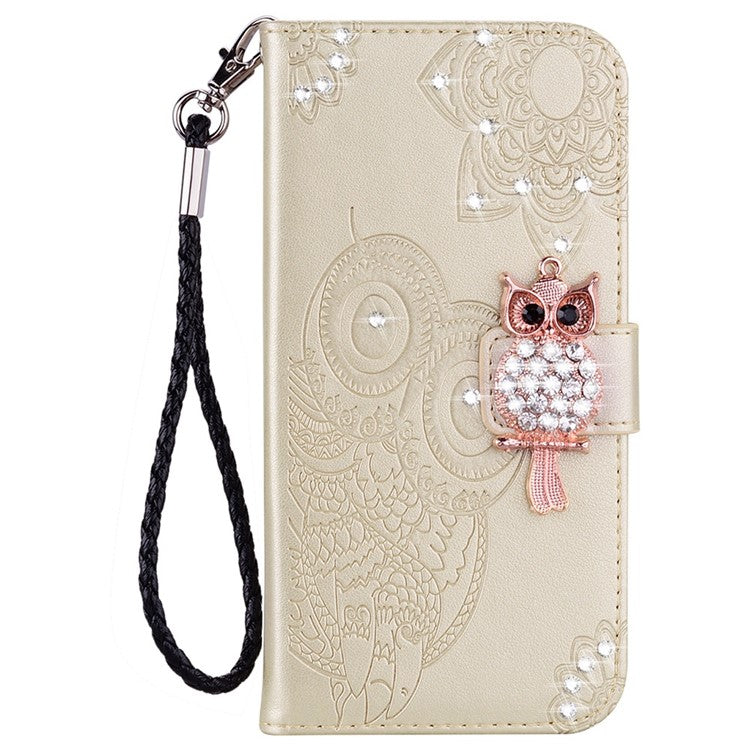 For Samsung Galaxy A14 5G / A14 4G Rhinestone Decor Scratch Resistant Phone Cover, Imprinting Owl Flower Pattern Stand Wallet Leather Case - Gold