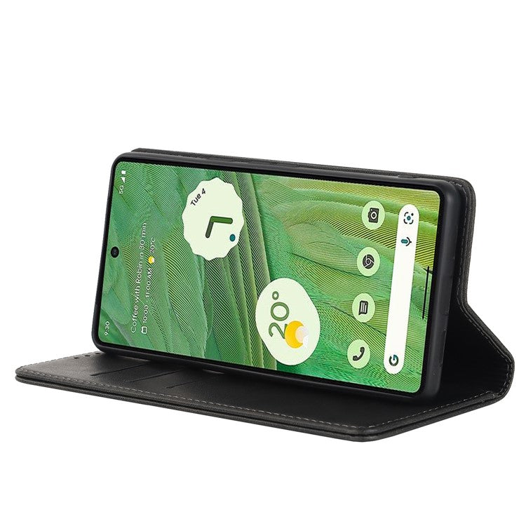 For Google Pixel 7 5G Phone Case Calf Texture Wallet Case Stand Magnetic Absorption All-Inclusive Shockproof Phone Cover - Black
