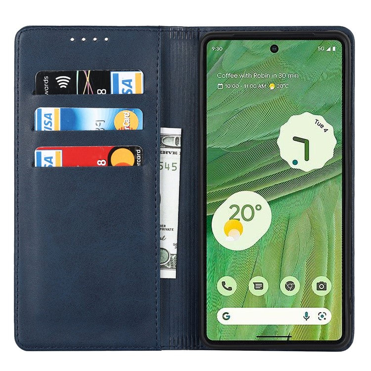 For Google Pixel 7 5G Phone Case Calf Texture Wallet Case Stand Magnetic Absorption All-Inclusive Shockproof Phone Cover - Dark Blue