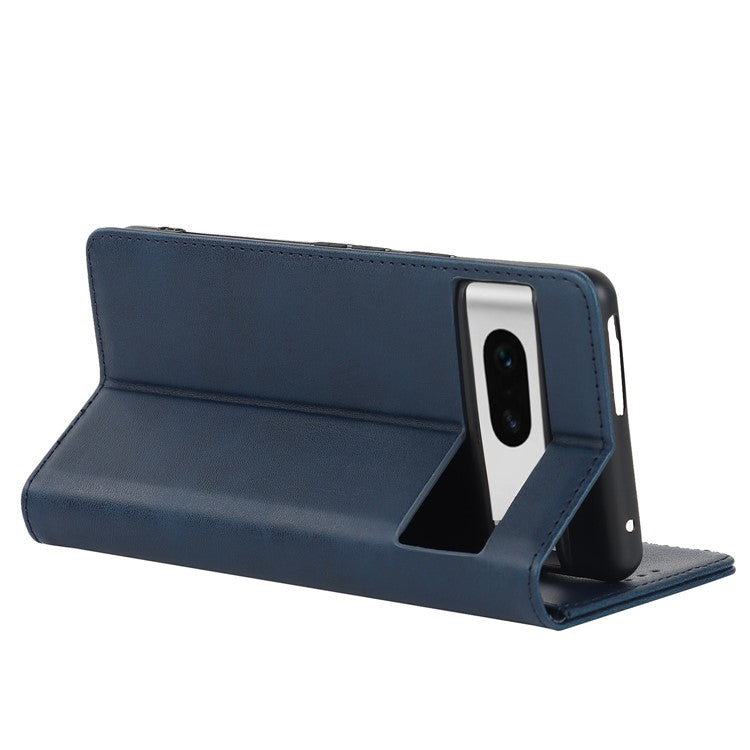 For Google Pixel 7 5G Phone Case Calf Texture Wallet Case Stand Magnetic Absorption All-Inclusive Shockproof Phone Cover - Dark Blue