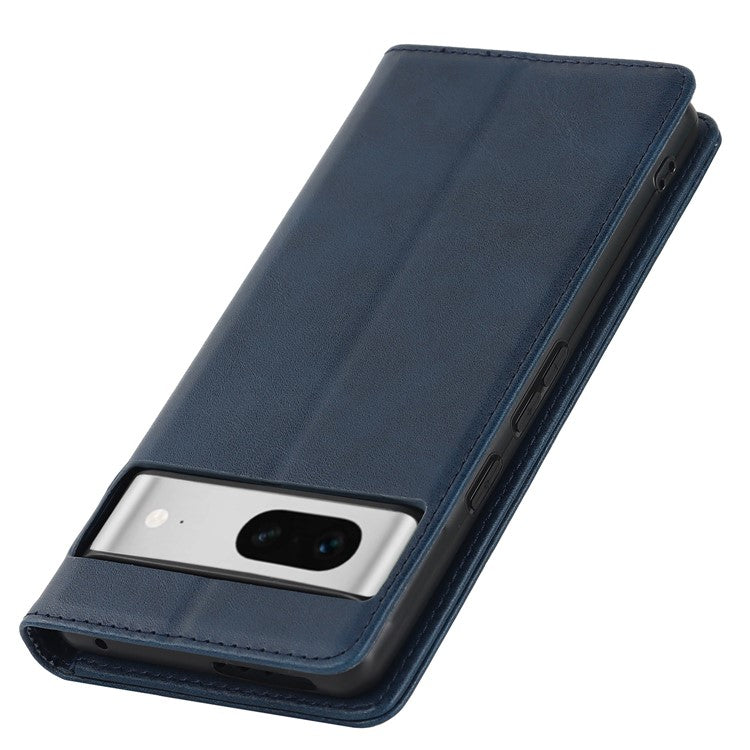 For Google Pixel 7 5G Phone Case Calf Texture Wallet Case Stand Magnetic Absorption All-Inclusive Shockproof Phone Cover - Dark Blue