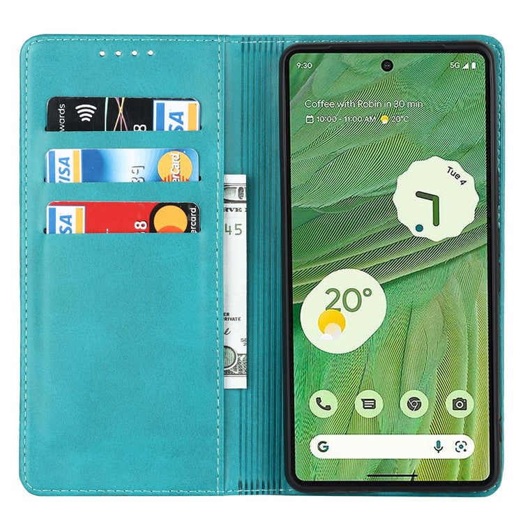 For Google Pixel 7 5G Phone Case Calf Texture Wallet Case Stand Magnetic Absorption All-Inclusive Shockproof Phone Cover - Sky Blue