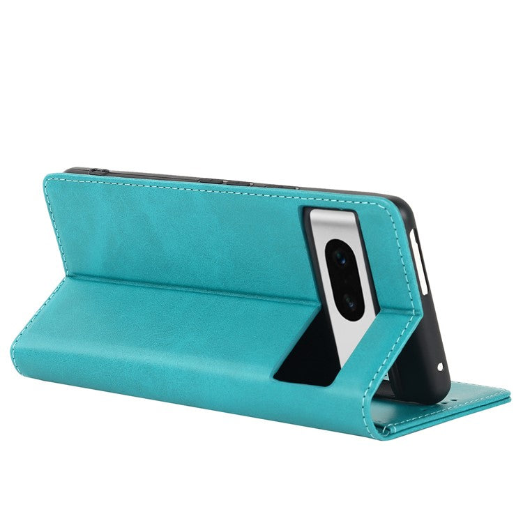 For Google Pixel 7 5G Phone Case Calf Texture Wallet Case Stand Magnetic Absorption All-Inclusive Shockproof Phone Cover - Sky Blue
