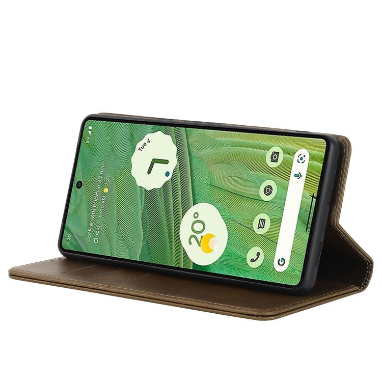 For Google Pixel 7 5G Phone Case Calf Texture Wallet Case Stand Magnetic Absorption All-Inclusive Shockproof Phone Cover - Dark Green