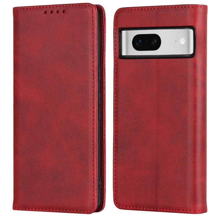 For Google Pixel 7 5G Phone Case Calf Texture Wallet Case Stand Magnetic Absorption All-Inclusive Shockproof Phone Cover - Red
