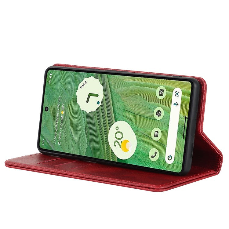 For Google Pixel 7 5G Phone Case Calf Texture Wallet Case Stand Magnetic Absorption All-Inclusive Shockproof Phone Cover - Red