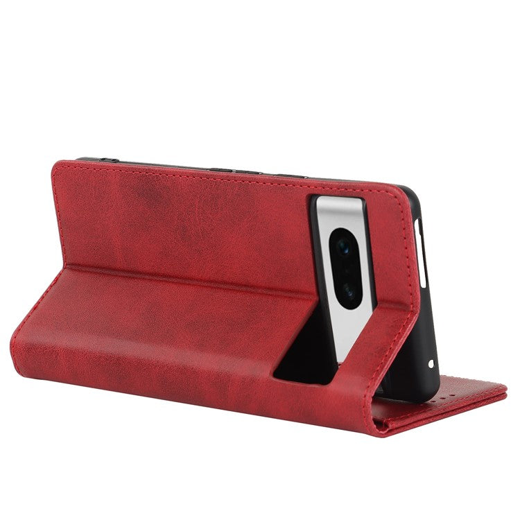 For Google Pixel 7 5G Phone Case Calf Texture Wallet Case Stand Magnetic Absorption All-Inclusive Shockproof Phone Cover - Red
