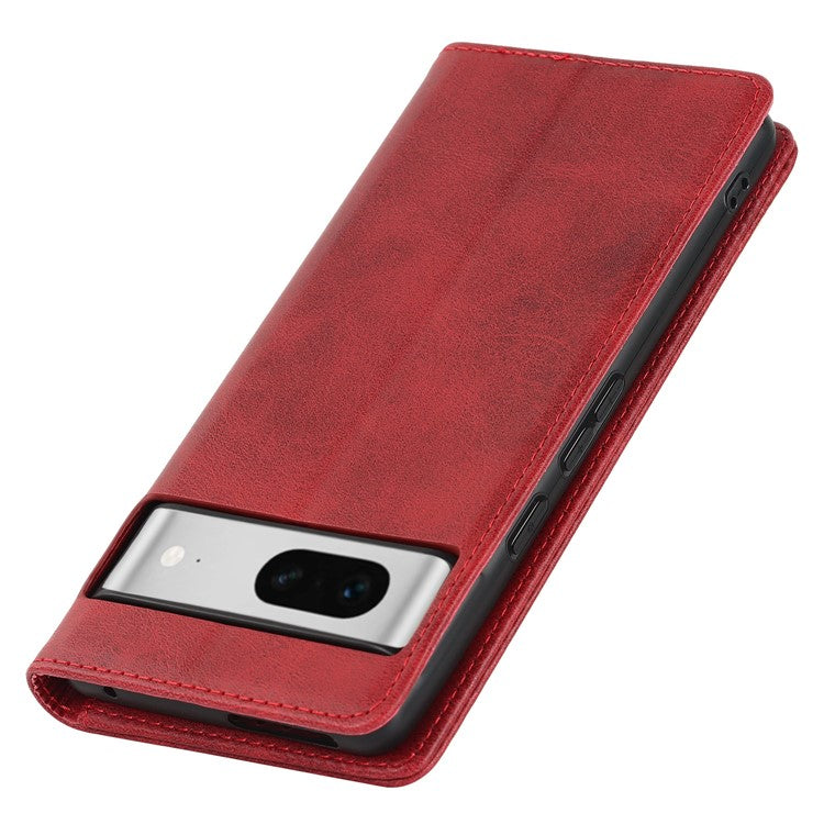 For Google Pixel 7 5G Phone Case Calf Texture Wallet Case Stand Magnetic Absorption All-Inclusive Shockproof Phone Cover - Red