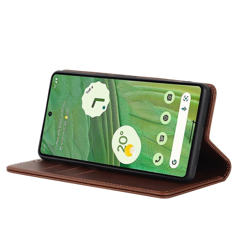 For Google Pixel 7 5G Phone Case Calf Texture Wallet Case Stand Magnetic Absorption All-Inclusive Shockproof Phone Cover - Dark Brown