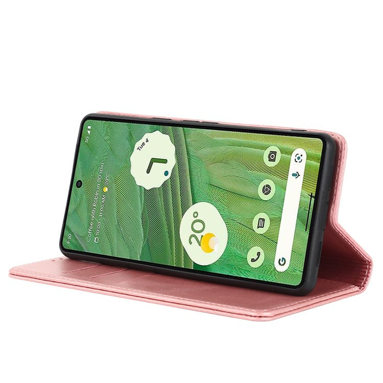 For Google Pixel 7 5G Phone Case Calf Texture Wallet Case Stand Magnetic Absorption All-Inclusive Shockproof Phone Cover - Rose Gold