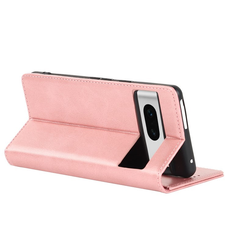 For Google Pixel 7 5G Phone Case Calf Texture Wallet Case Stand Magnetic Absorption All-Inclusive Shockproof Phone Cover - Rose Gold