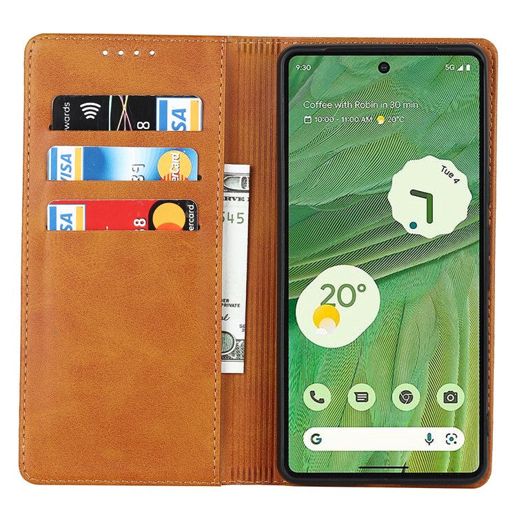 For Google Pixel 7 5G Phone Case Calf Texture Wallet Case Stand Magnetic Absorption All-Inclusive Shockproof Phone Cover - Light Brown