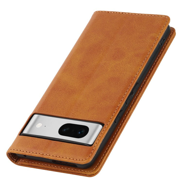For Google Pixel 7 5G Phone Case Calf Texture Wallet Case Stand Magnetic Absorption All-Inclusive Shockproof Phone Cover - Light Brown
