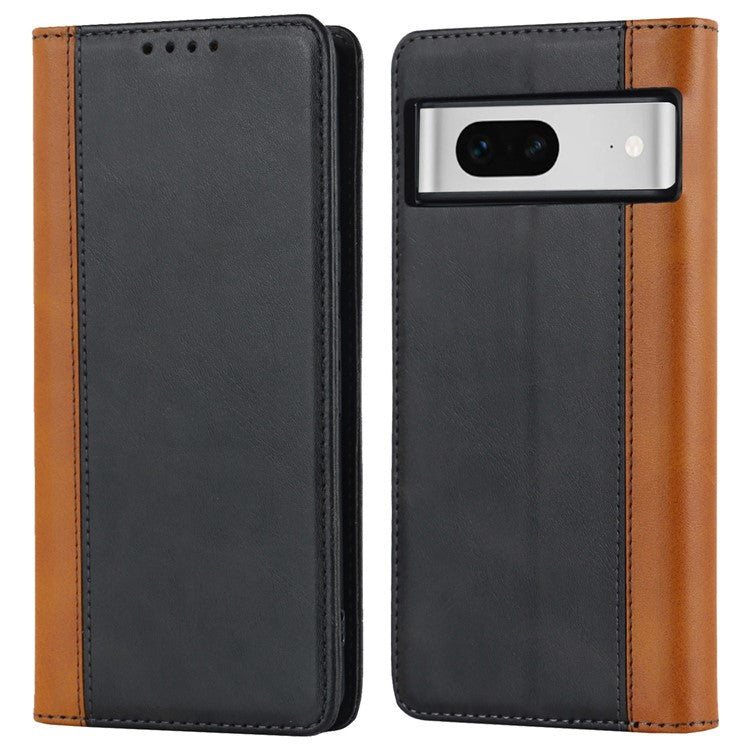 For Google Pixel 7 5G Calf Texture PU Leather Wallet Case Stand Magnetic Auto-absorbed Bi-color Splicing Flip Folio Phone Cover - Black / Yellow