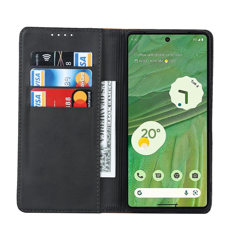 For Google Pixel 7 5G Calf Texture PU Leather Wallet Case Stand Magnetic Auto-absorbed Bi-color Splicing Flip Folio Phone Cover - Black / Yellow