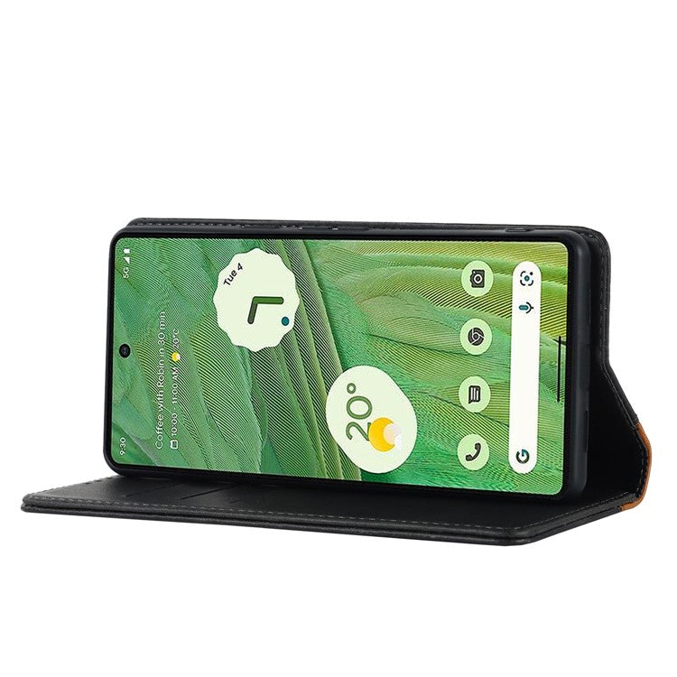 For Google Pixel 7 5G Calf Texture PU Leather Wallet Case Stand Magnetic Auto-absorbed Bi-color Splicing Flip Folio Phone Cover - Black / Yellow