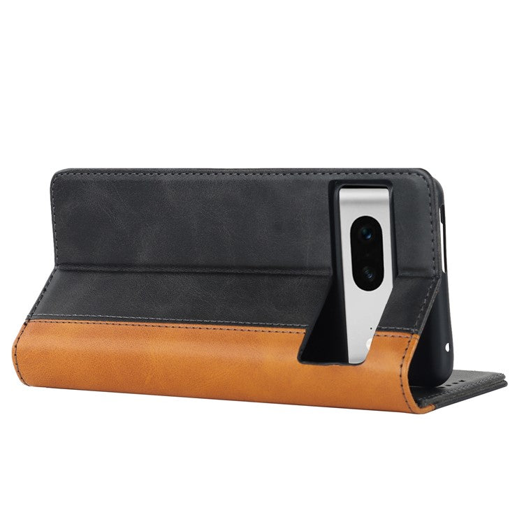For Google Pixel 7 5G Calf Texture PU Leather Wallet Case Stand Magnetic Auto-absorbed Bi-color Splicing Flip Folio Phone Cover - Black / Yellow