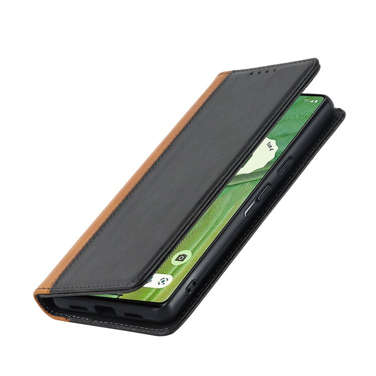 For Google Pixel 7 5G Calf Texture PU Leather Wallet Case Stand Magnetic Auto-absorbed Bi-color Splicing Flip Folio Phone Cover - Black / Yellow